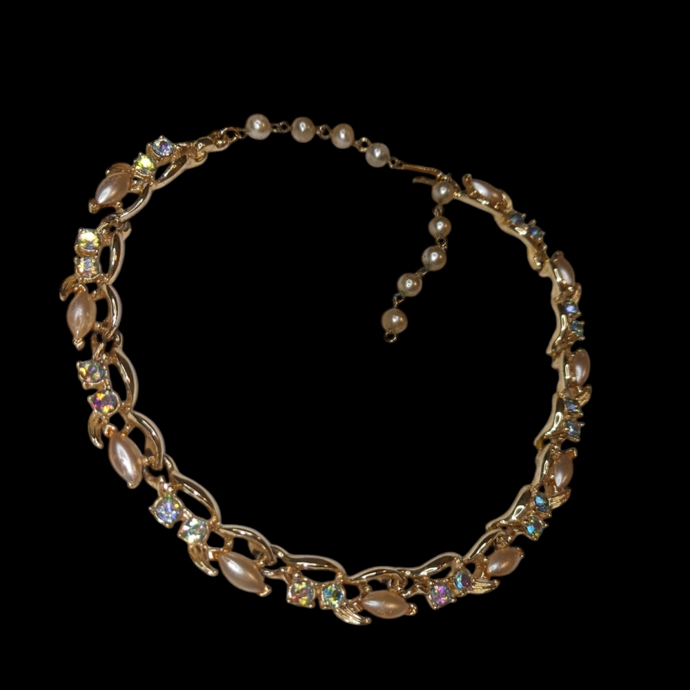 VTG Gold Plated Faux Pearl & Aurora Rhinestones Necklace by B.S.K. Stamped